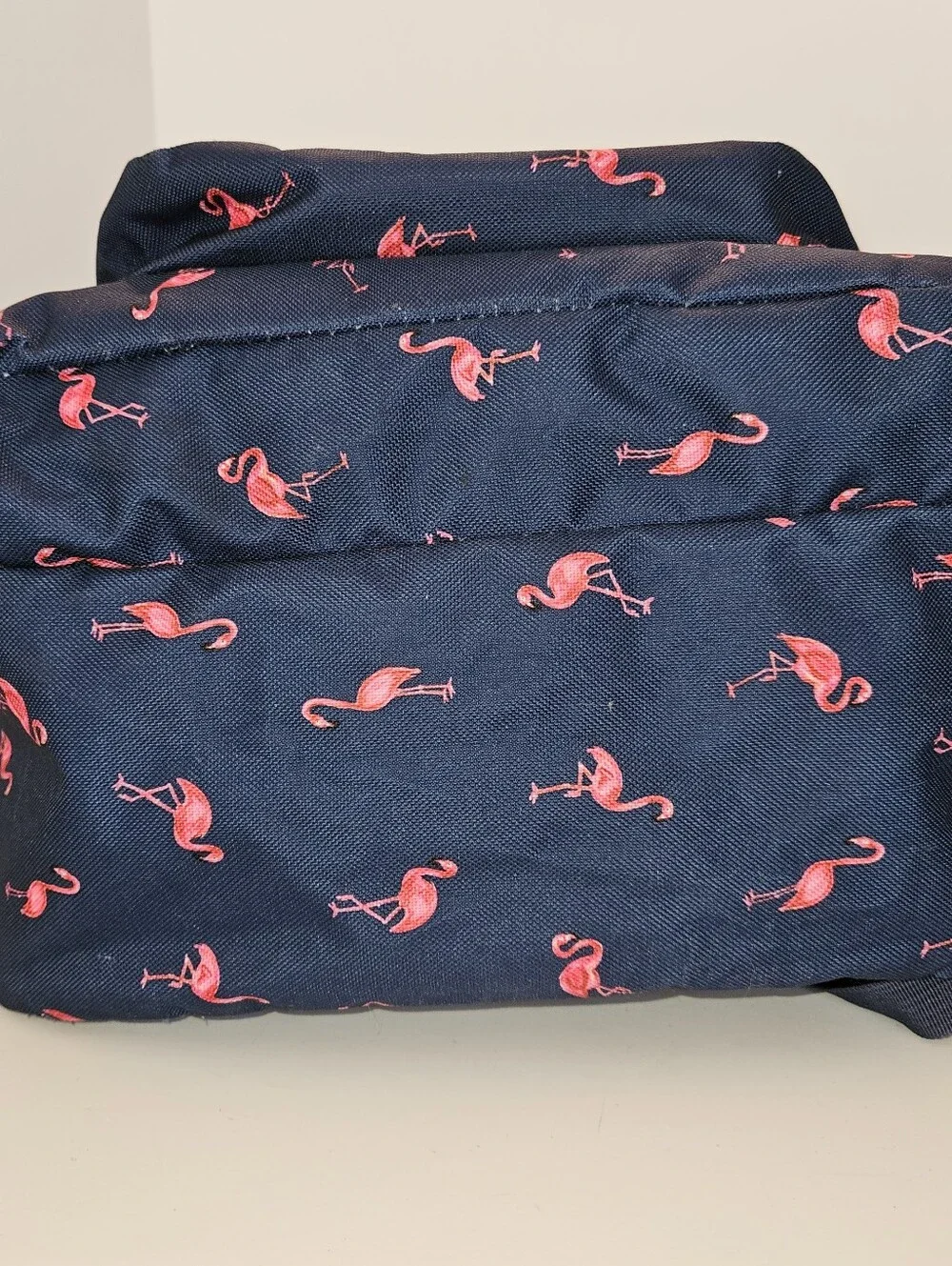 JanSport Trans Navy Backpack with Pink Flamingo Print School Travel Sports EUC